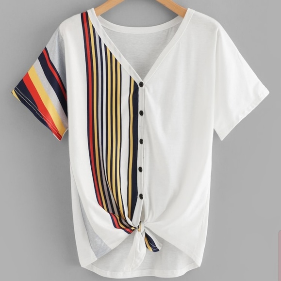 SHEIN Tops - SHEIN Plus Button Through Knot Hem Striped Tee
